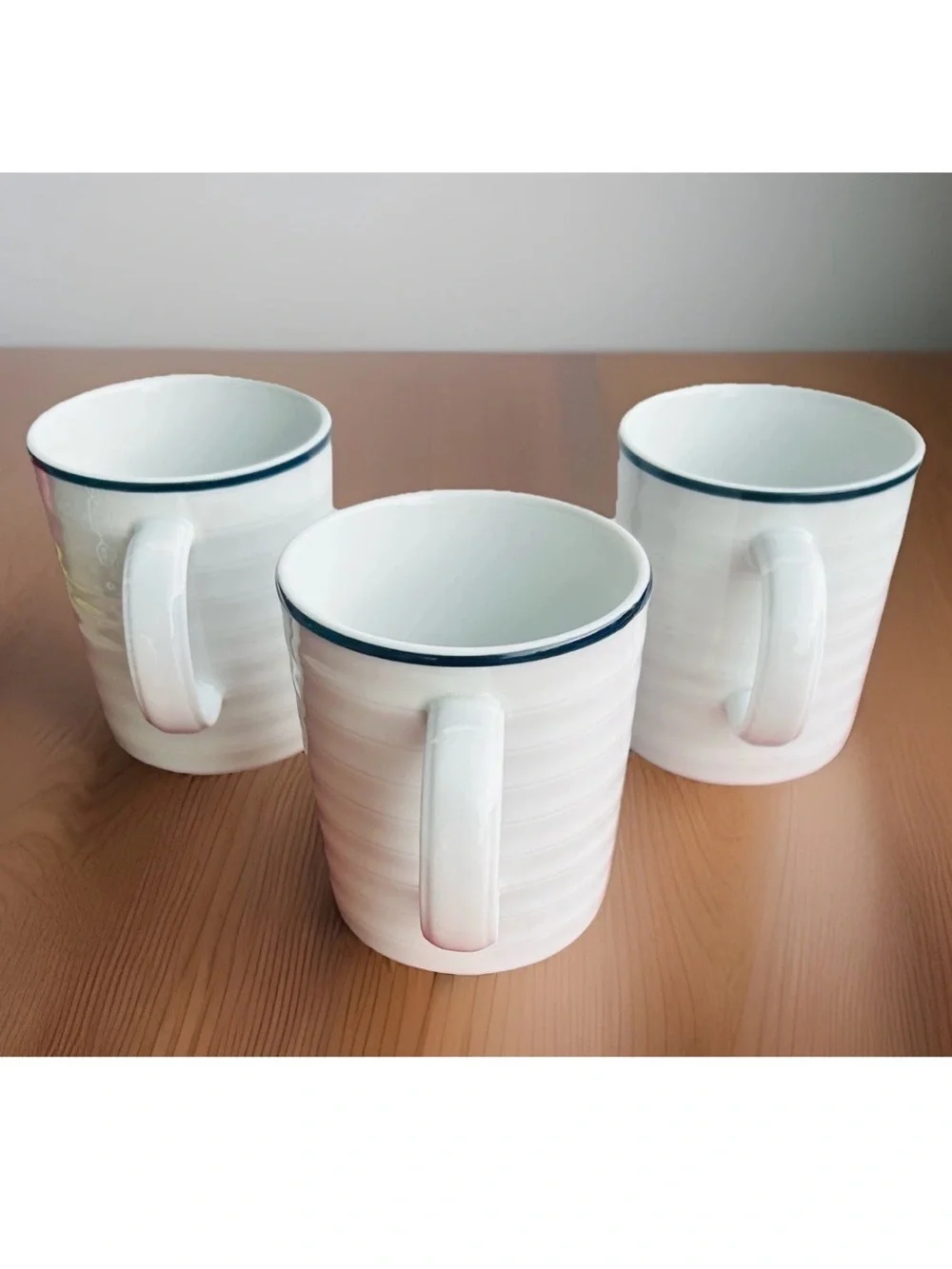 Crate & Barrel Roulette Blue Band Ribbed Mugs~Spal Porcelain~White SET OF 3